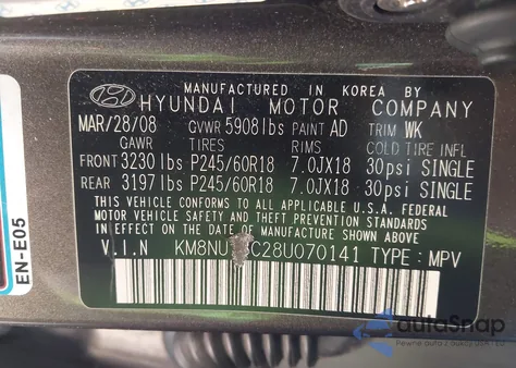 2008 Hyundai Veracruz Gls/Limited/Se from USA, damaged, VIN KM8NU73C28U070141